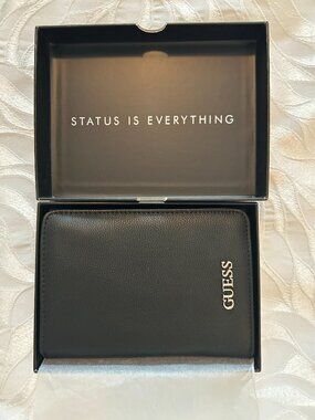 GUESS List Black Genuine Leather Passport Wallet w/ Box